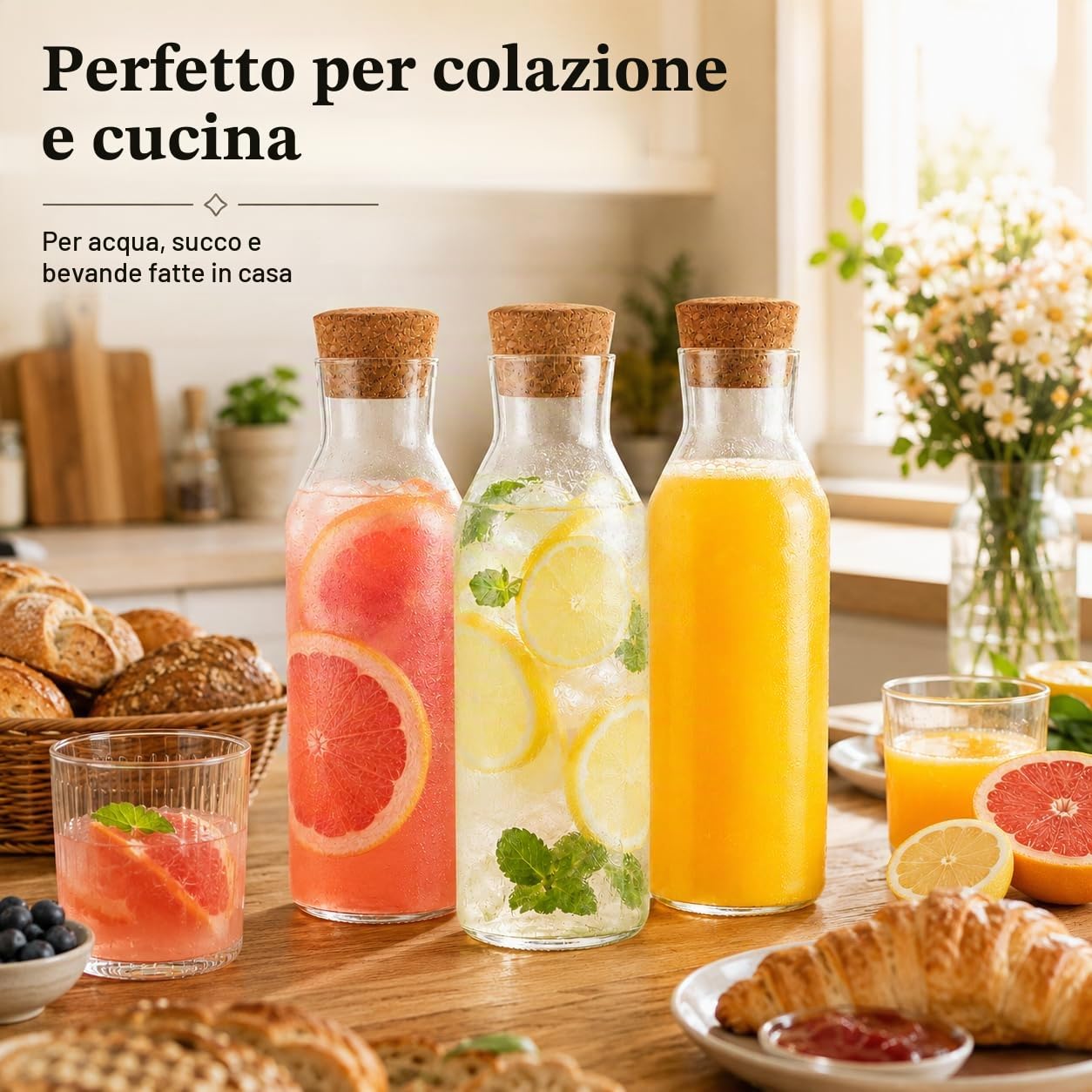 YAYODS 4 caraffa per acqua con tappo in sughero – caraffa in vetro da 1,2 litri – caraffa in vetro con coperchio per acqua frizzante, frutta, succhi di frutta, ristoranti, feste, matrimoni, compleanni