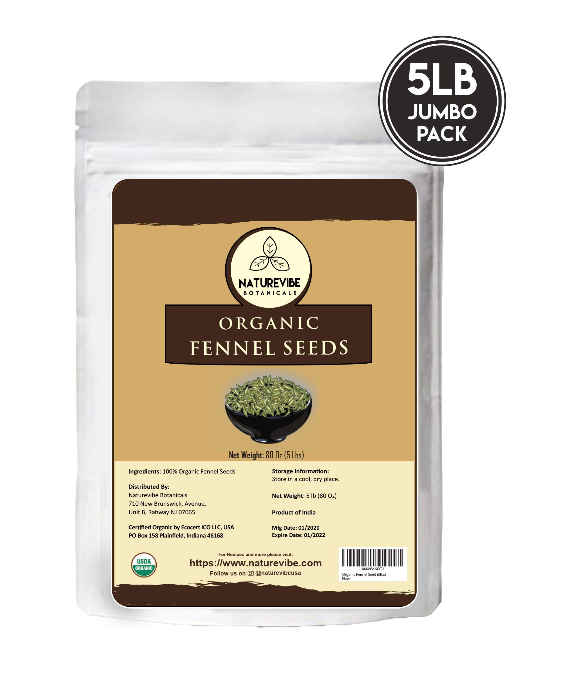 Naturevibe Botanicals Organic Fennel Seeds 5lbs Foeniculum Vulgare
