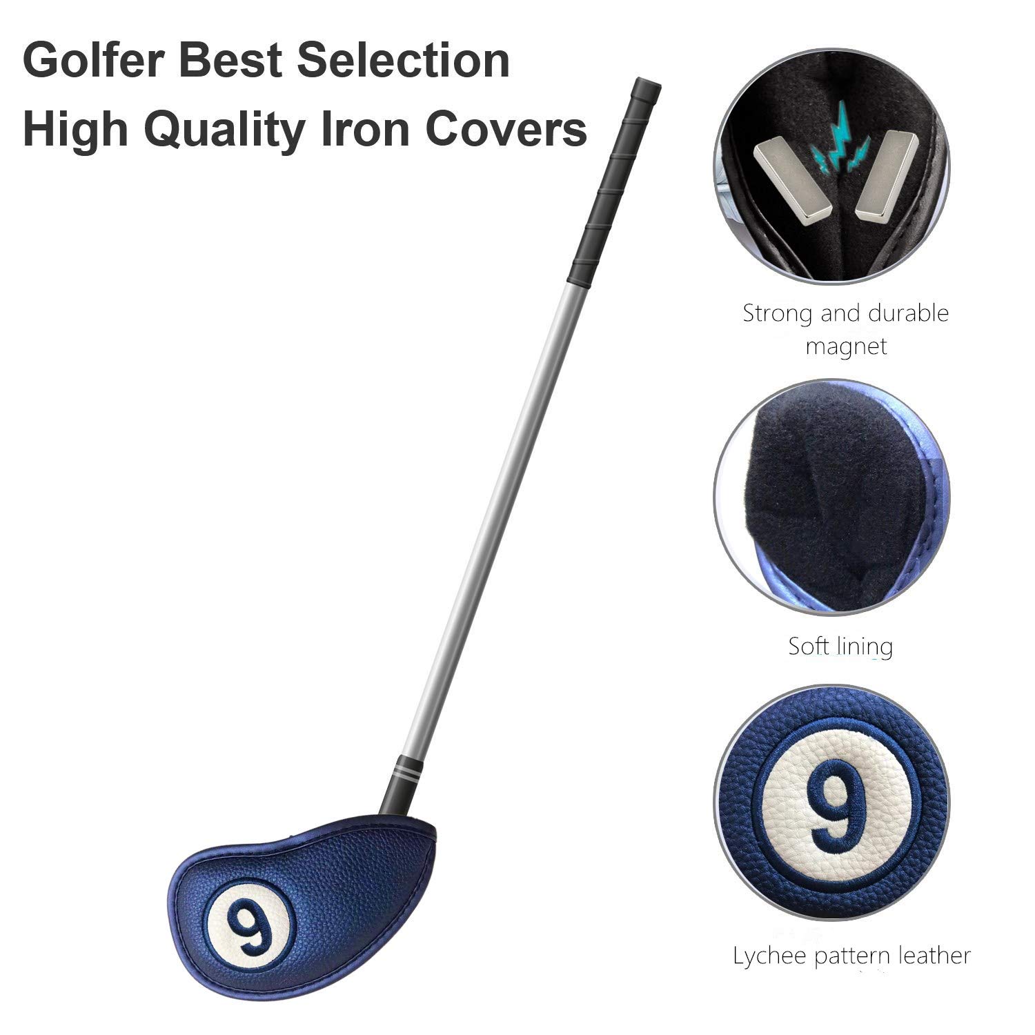 FINGER TEN Couvre Club De Golf Fer Capuchon Protege Housse Protection Fermeture Magnétique Aimant 2 Sides pour Gaucher Droitier Golfeur, Golf Covers Cuir synthétique