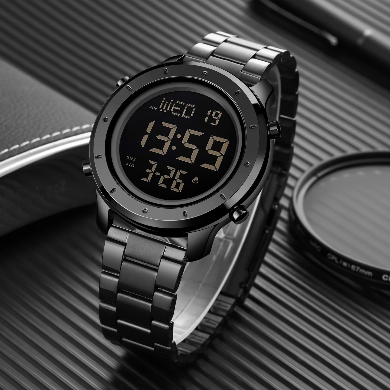 Montre numérique pour Homme en Cuir avec LED Minimaliste et chronomètre étanche en Acier Inoxydable