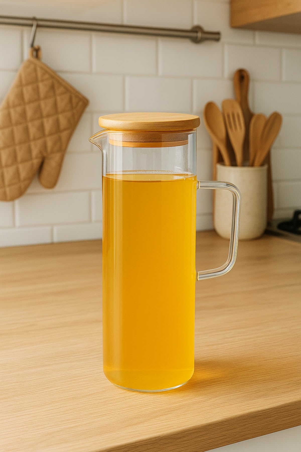 ARVALE Lavino 3 Parça 400 ml Borosilikat Yağlık - Bambu Altlık ve 2 Adet Bambu Kapaklı Cam Yağdanlık