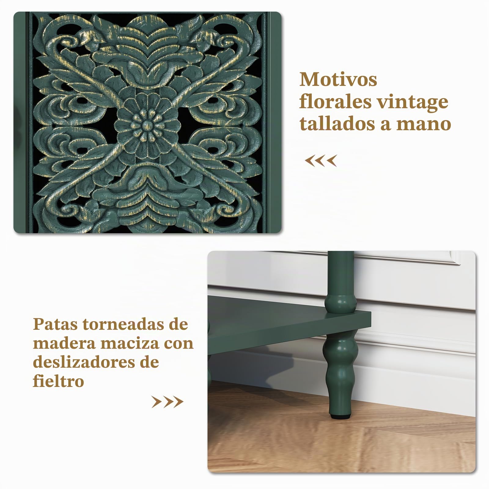 HOLTICO Mesa Consola,Mesa Auxiliar,con Almacenamiento,con 2 armarios de Estilo clásico,Compartimentos Abiertos,Patas de Madera Maciza,para salón,Entrada,Pasillo,107x36x86 cm,Verde