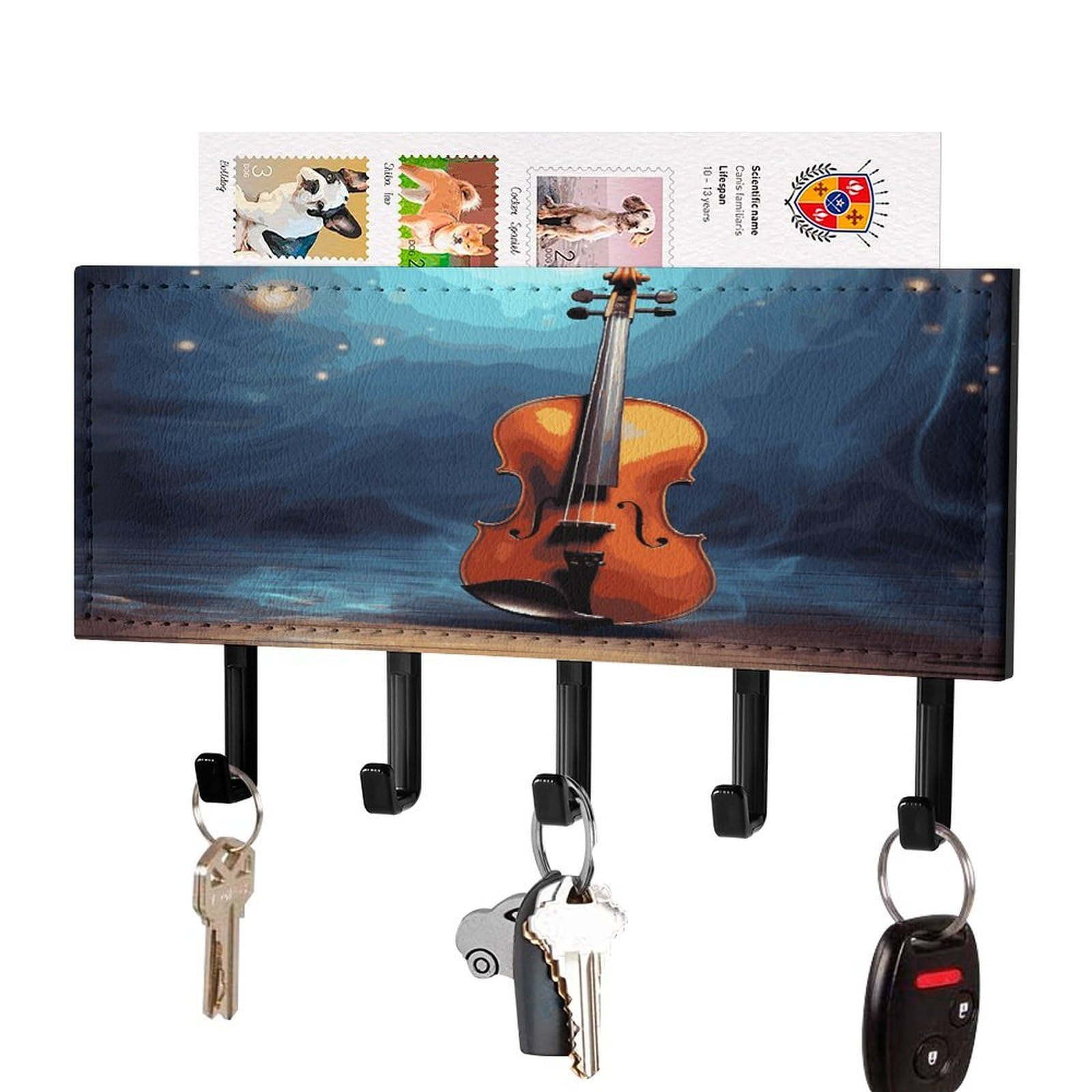 LDGSUPH Violin Poster Key Holder Wall Mount Key Hanger with 5 Hooks Fashion Key Organizer Rack Hanging Key Hooks with Mail Organizer Key Rack for Home Entryway Hallway Black-Style