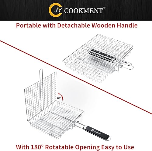 Vista 3 de JY COOKMENT Cesta de parrilla de acero inoxidable con mango extraíble portátil, cesta de parrilla, accesorios para verduras, camarones, pescado