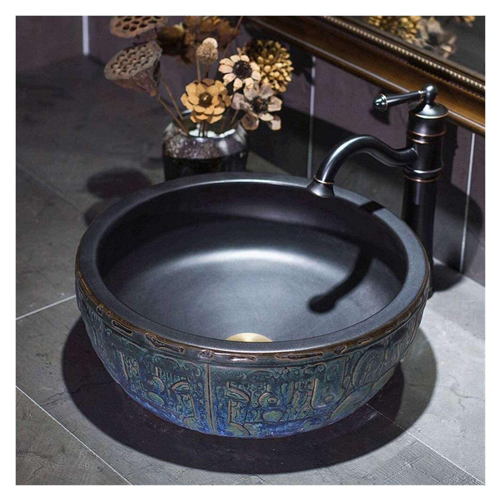 TIANQIHAO Vanity Unit With Basin,Bathroom Basin Vessels Sink Countertop Basin, Round Ceramic Bathroom Vessel Sink Vintage 16-Inch Artistic Above Counter Countertop Porcelain Bowl