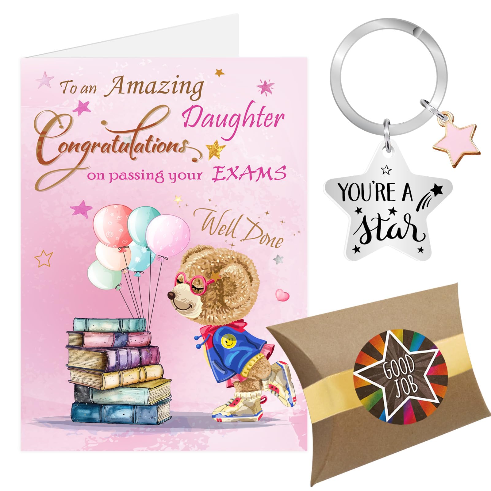 Exam Congratulations Card, Pink Star Congratulations Daughter on Your Exam Results Gifts Keyring, Well Done So Proud of You Passing GCSE A Level Passed Exams Card (Pink - Daughter)