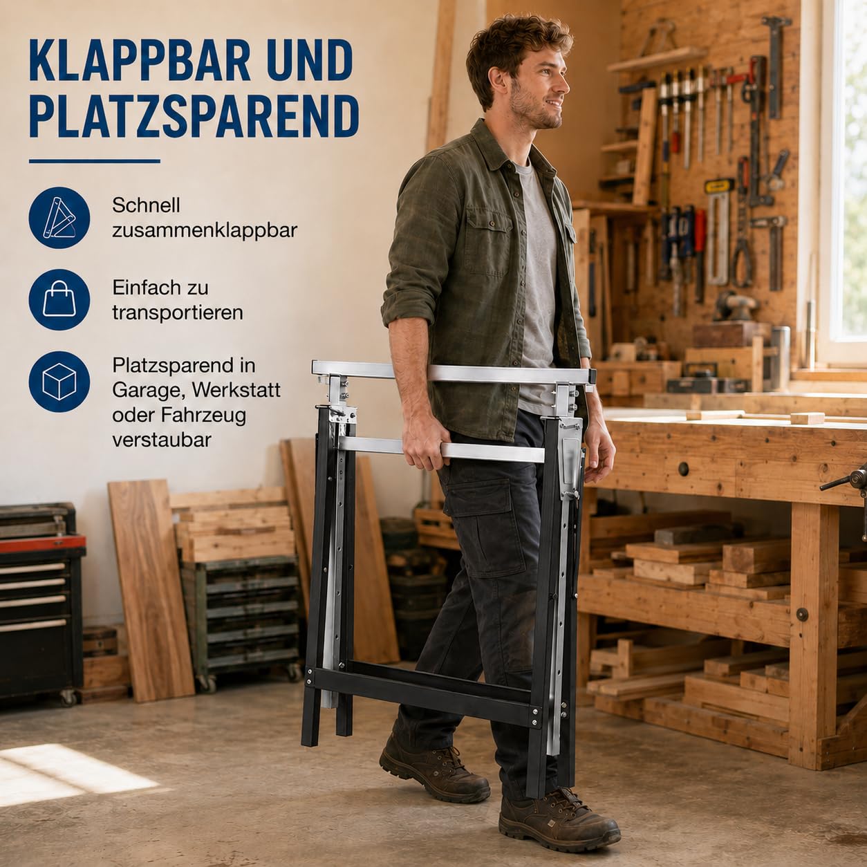 Lot de 2 tréteaux d’échafaudage télescopiques - Support de travail pliable - Hauteur de travail variable de 80 à 130 cm - Réglable en hauteur sur 7 positions - Support métallique, capacité de