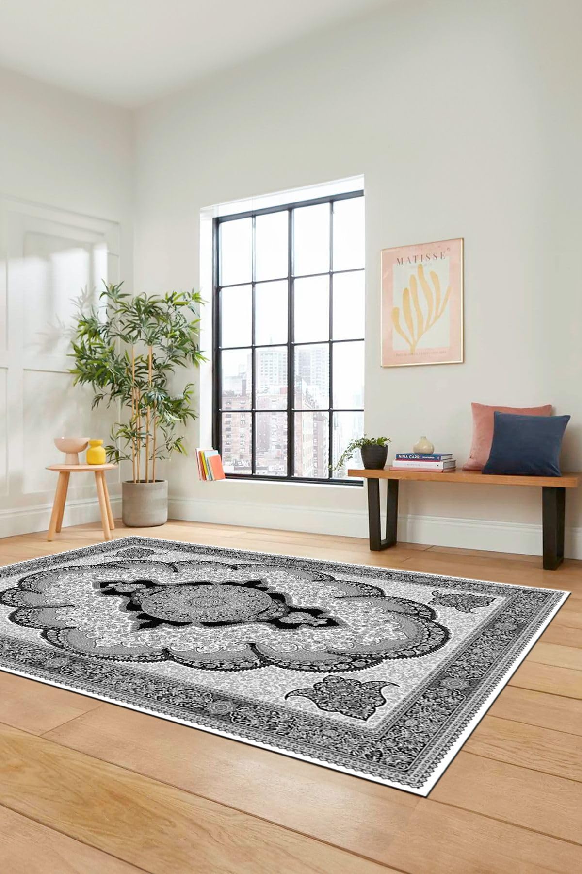 Evdeya Dijital Kaymaz Yıkanabilir Çerçeveli Göbekli Klasik Desen Salon Halısı KLASİK-02, Gri, 180 x 300