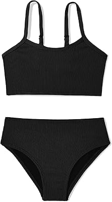 Century Star Girls Swimsuit 2-Piece Ribbed Bikini Set Adjustable Strap Bathing Suits for Teens Swimwear Solid