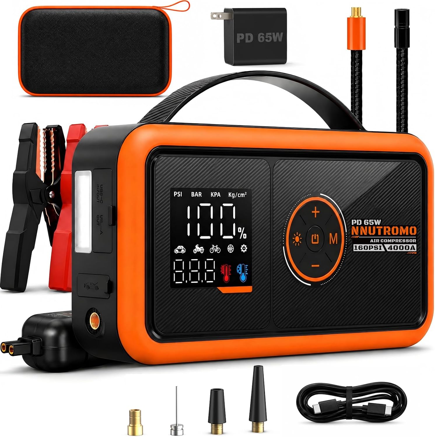 4000A Jump Starter with 160PSI Air Compressor and 65W Fast Charger, 88.8Wh 12V Portable Car Battery Booster Jump Box (10.0L Gas/10.0L Diesel) with Heavy-Duty Jumper Cables, Tire Inflator, LED Light
