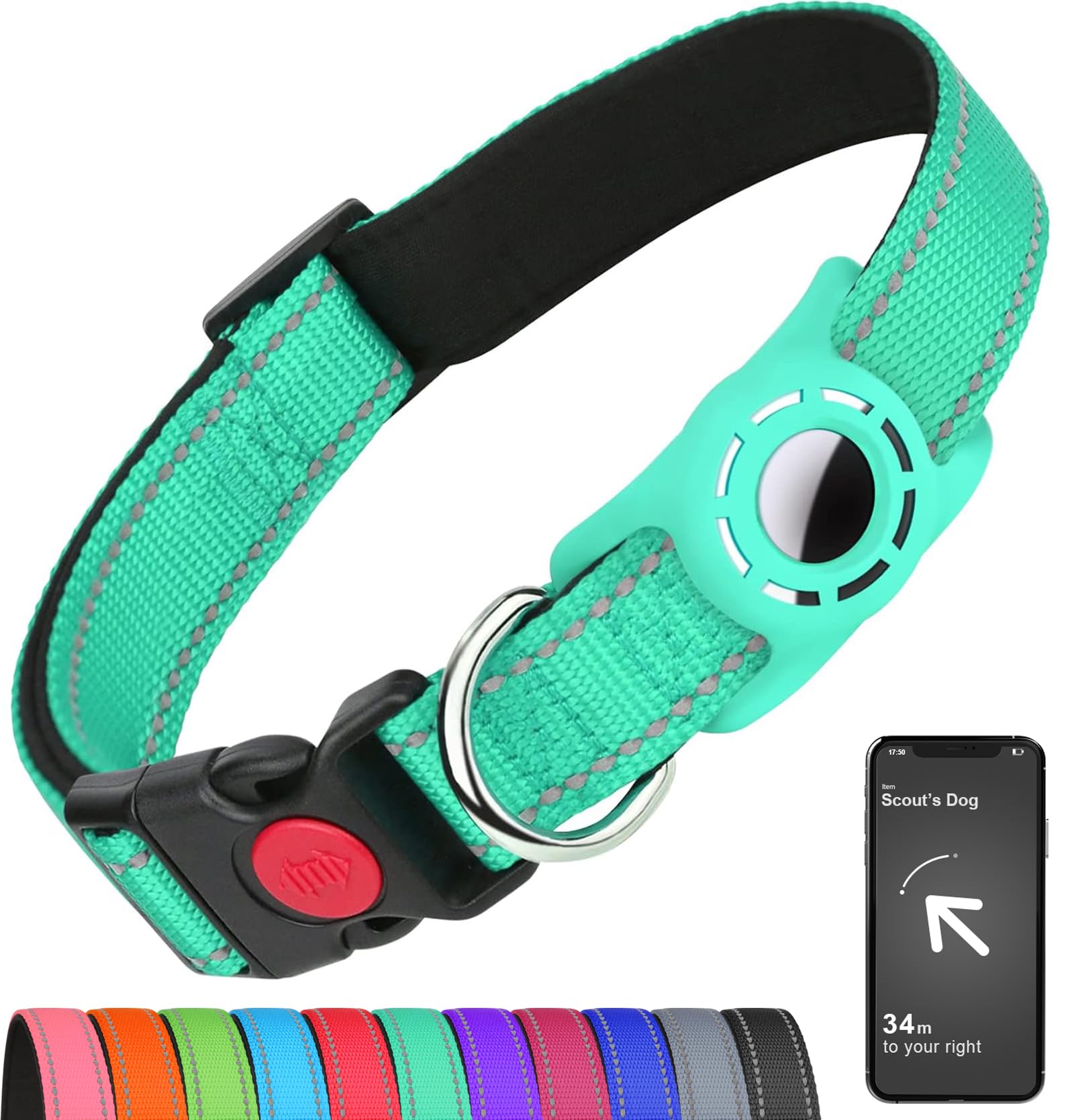 Airtag Collare per cani di piccola taglia, collare riflettente per cani con supporto AirTag, morbido imbottito e fibbia di sicurezza, collare in nylon regolabile per tutte le razze, verde acqua