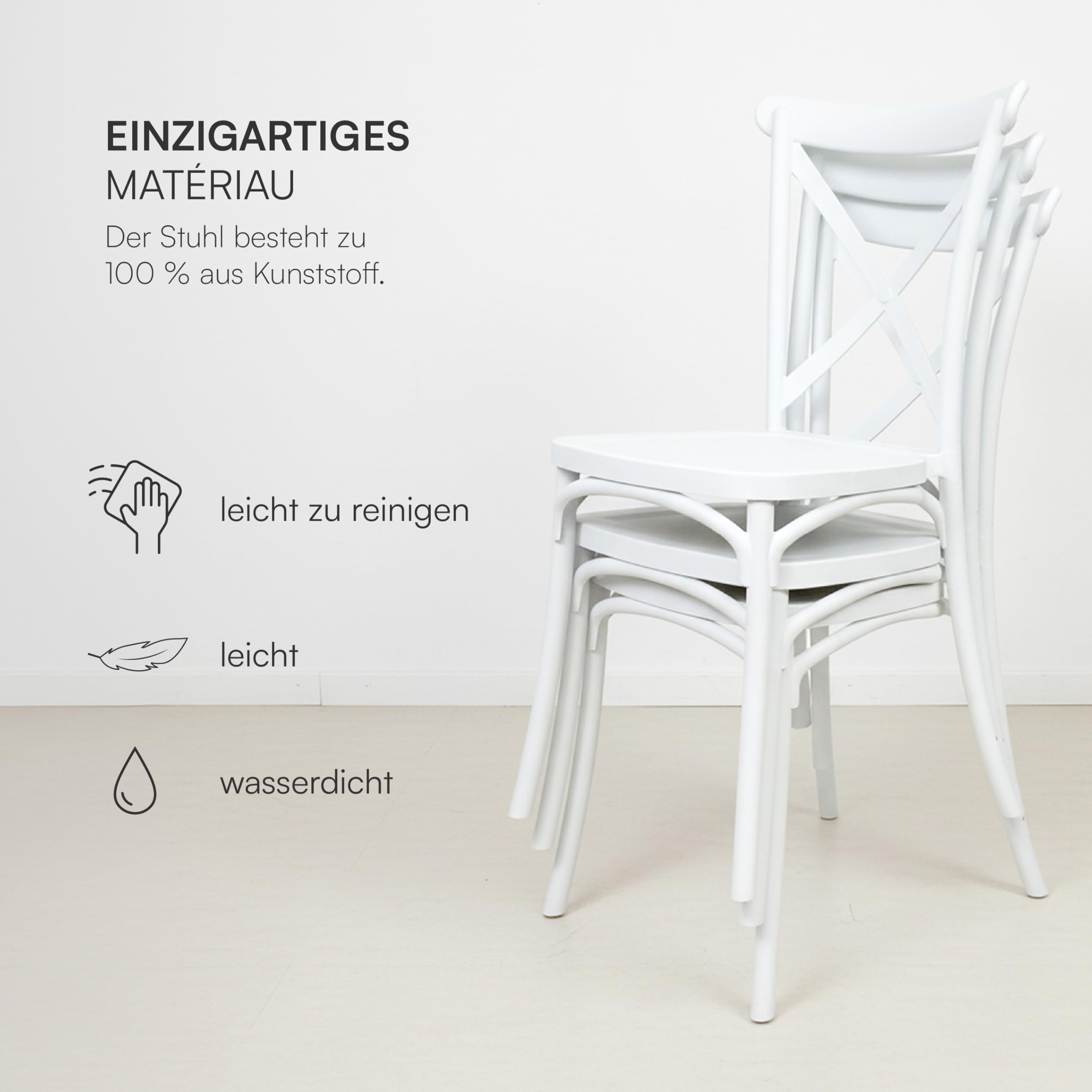 Baroni Home 4er-Set Stühle aus weißem Kunststoff, stapelbar, kein Aufbau, leicht zu reinigen, rutschfeste Gummifüße für Küche, Wohnzimmer, Esszimmer, Outdoor, 44x44x82 cm, Geflochtene Rückenlehne