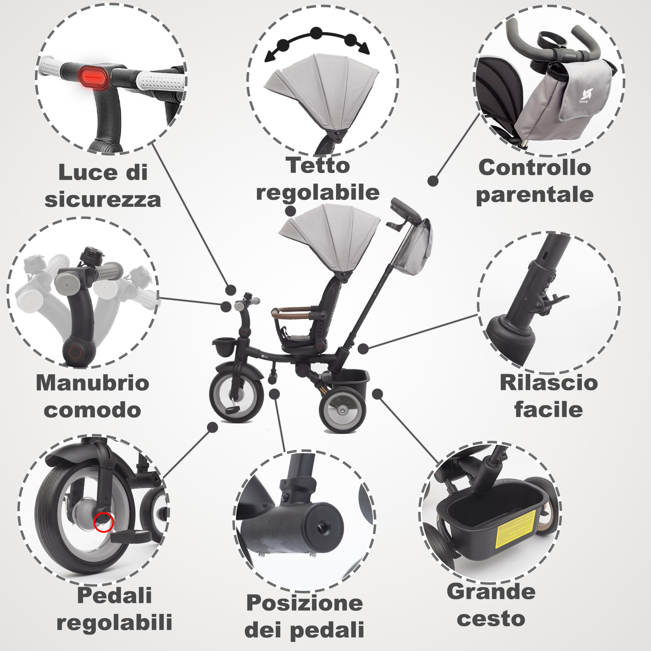Twinly - Triciclo Evolutivo Bambino Sami Pieghevole con Sedile Girevole 360 Bicicletta 2 anni - Passeggino Bambino, Giocattolo, 1-5 anni o 25 kg - Luce, Cappottina Estensibile (Grey)