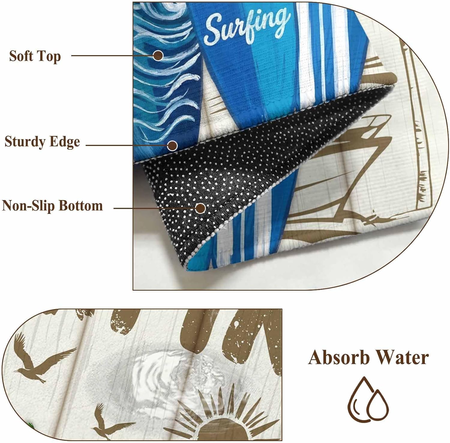 Summer Surfing Runner Rugs 2x6 ft Surfboard Beach Palm Trees Wood Grain Retro Washable Hallway Rugs Non-Slip Floor Mats Absorbent Carpet Bedside Runners for Bedroom Kitchen Bathroom Laundry Room