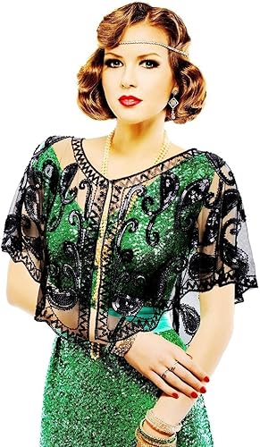 Miniatura 2 de Specell Chal de la década de 1920 para boda, envoltura de novia, chal con cuentas de lentejuelas para vestidos de noche, boda, fiesta de Gatsby,