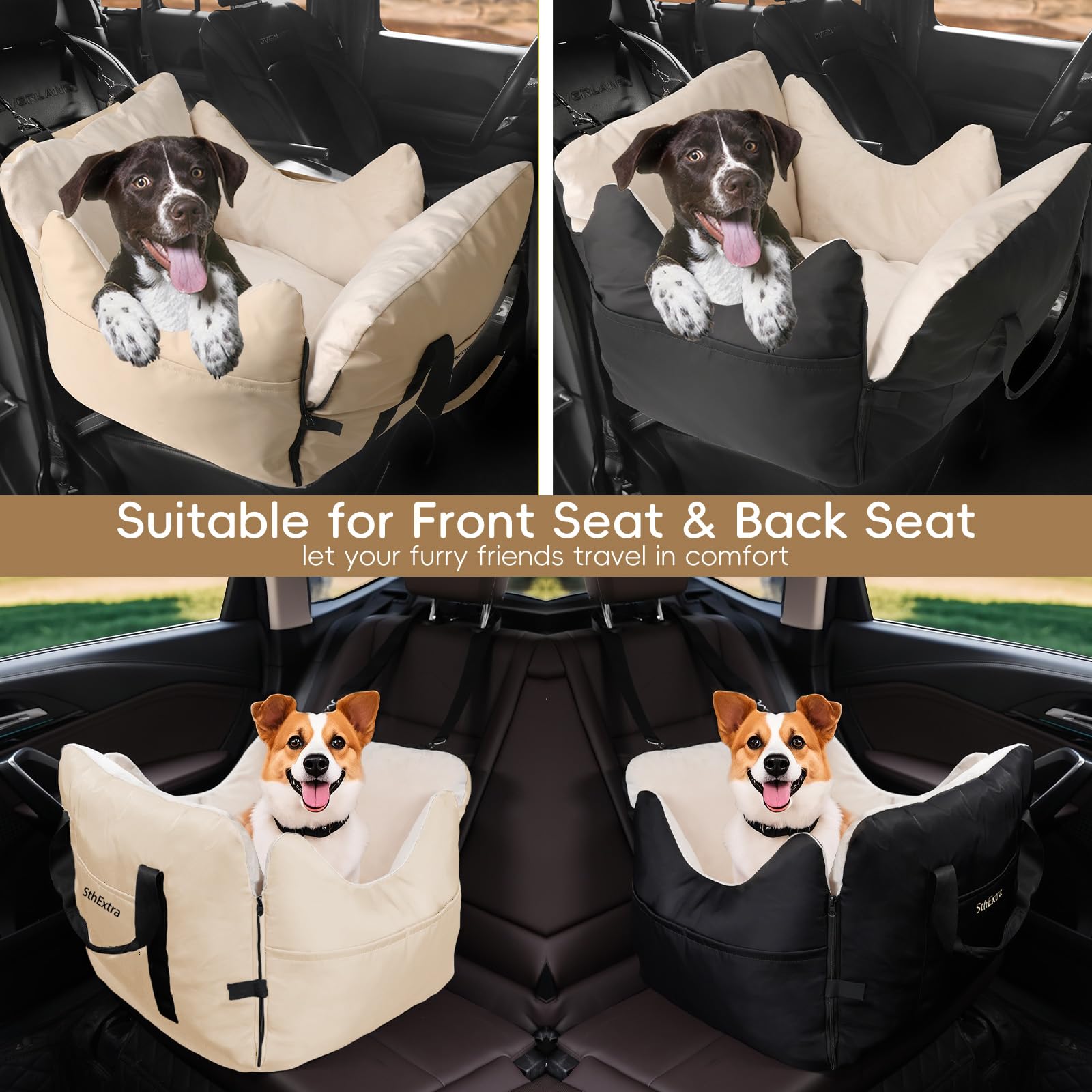 SthExtra Dog Car Seat for Small Dogs, Portable Dog Booster Seat with 2 Safety Leashes, Waterproof and Comfortable with Thick Foam Filling, Pet Travel Carrier Bed with Storage Pockets (Beige, Small)