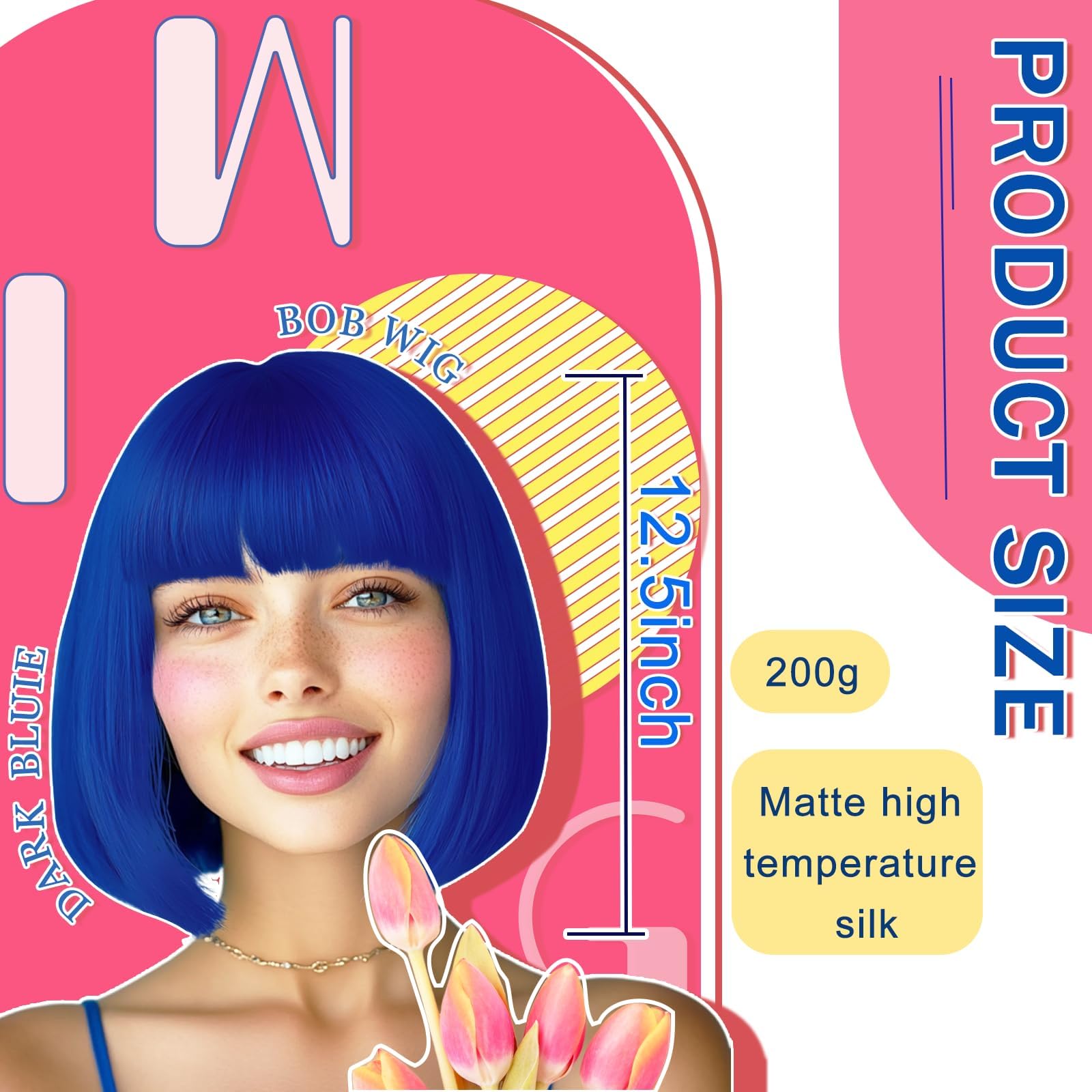 Party Wigs Wig Cap and Sunglass Set,Short Bob Hair Wigs Straight with Flat Bangs Synthetic Colorful Cosplay Daily Party Neon Wig for Women (Royal blue) - Image 2