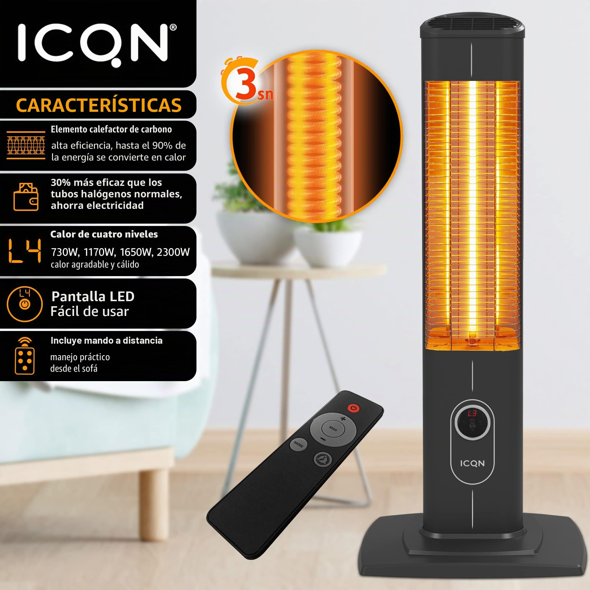 ICQN Calentador de pie con control remoto | Infrarrojo | Calefacción por infrarrojos para uso interior y exterior. Calentador de estacionamiento | Unidad de piso | IP20 | Pantalla digital | IC2500.RB