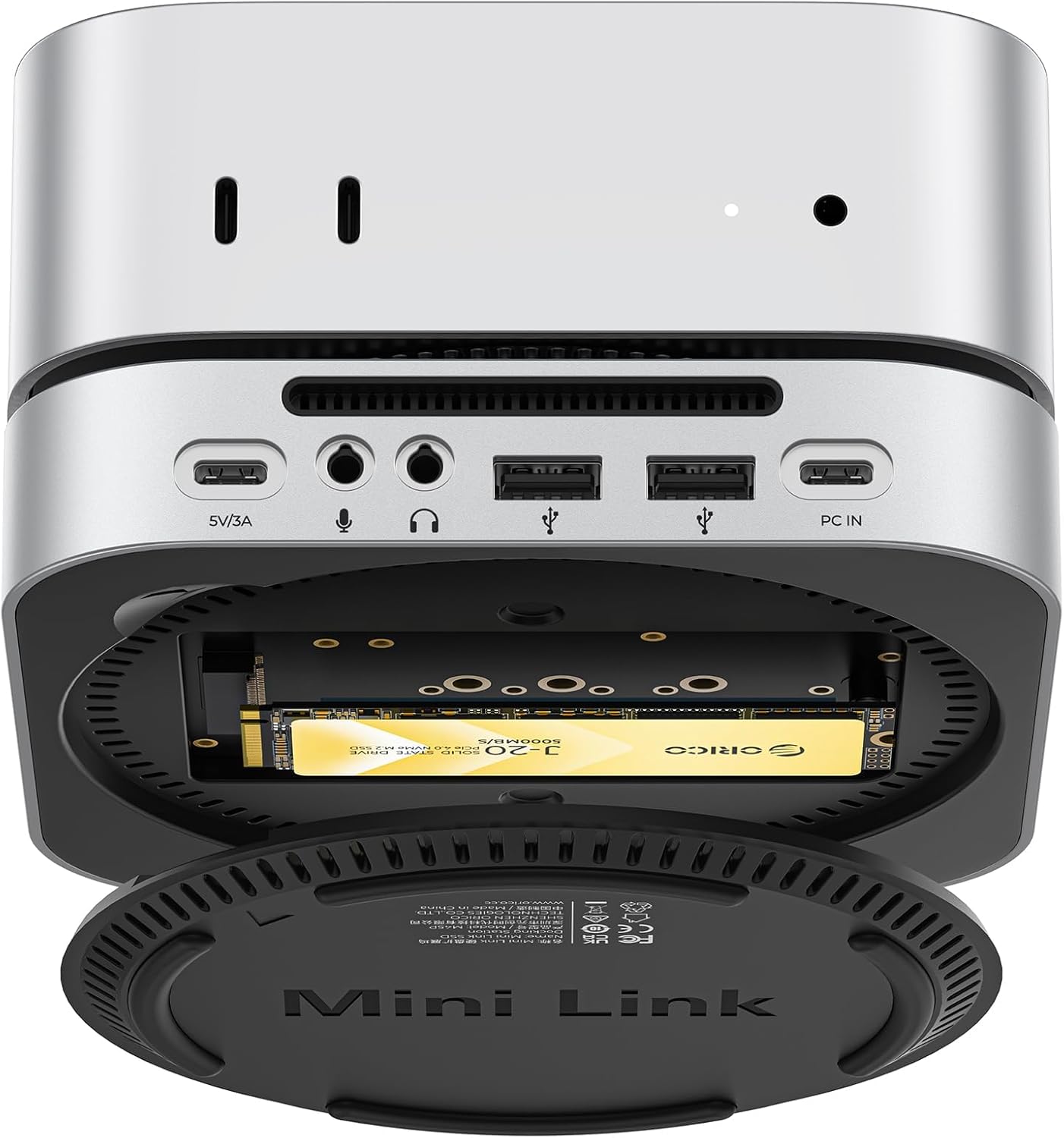 ORICO MiniLink 40Gbps Laptop Docking Sation Stand for Mac mini M4 with M.2 NVMe SSD Enclosure Up to 8TB(SSD NOT Included), USB4 Hub, 2X USB-A(480Mbps), Audio I/O Aluminum-M45P