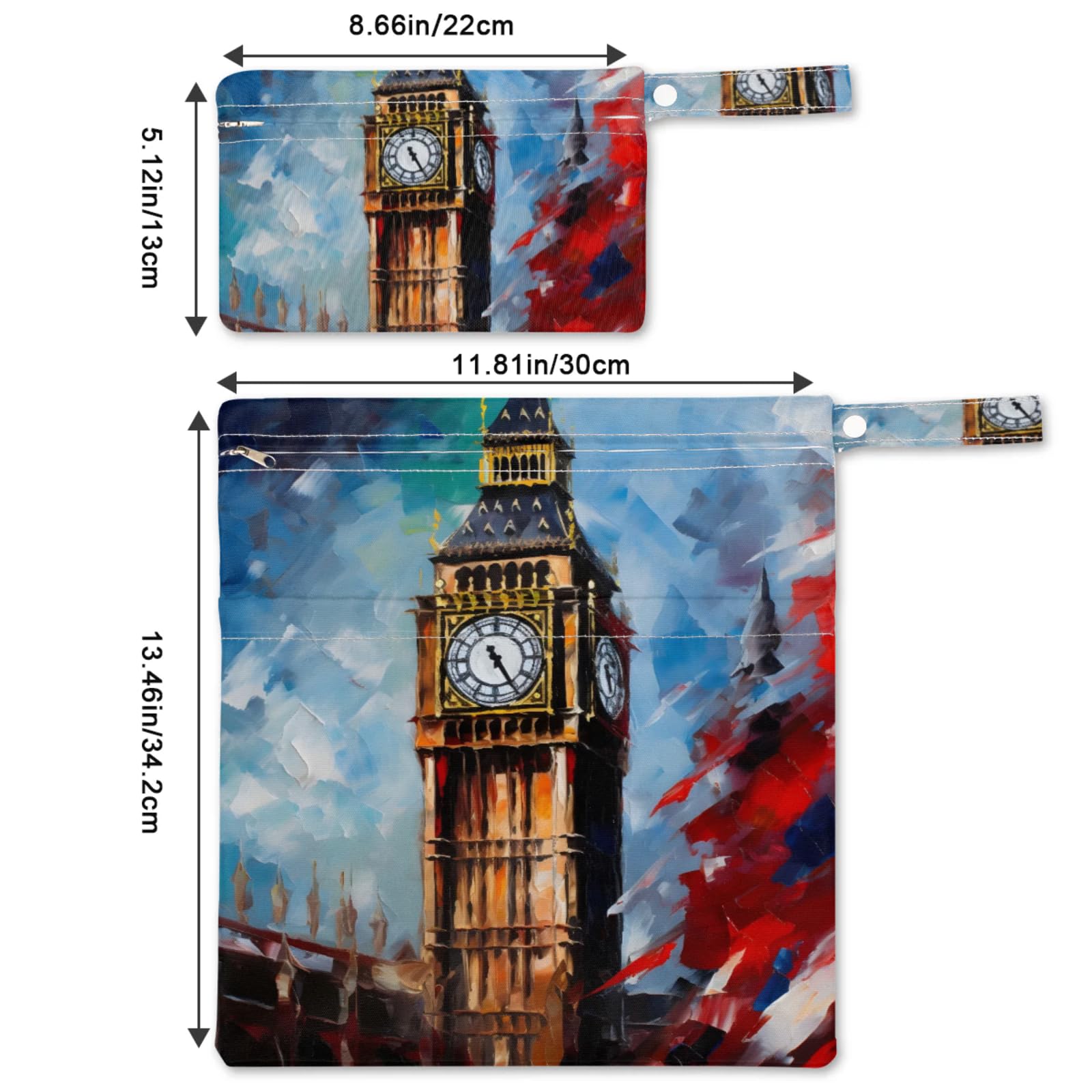 GzLeyigou 2 Set Big Ben Watercolor Wet Dry Bags for Baby Cloth Diapers Reusable Storage Bag for Travel,Beach,Pool,Daycare,Stroller,Gym,Laundry,Dirty Clothes,Swimsuits & Wet Clothes, Wet Bag