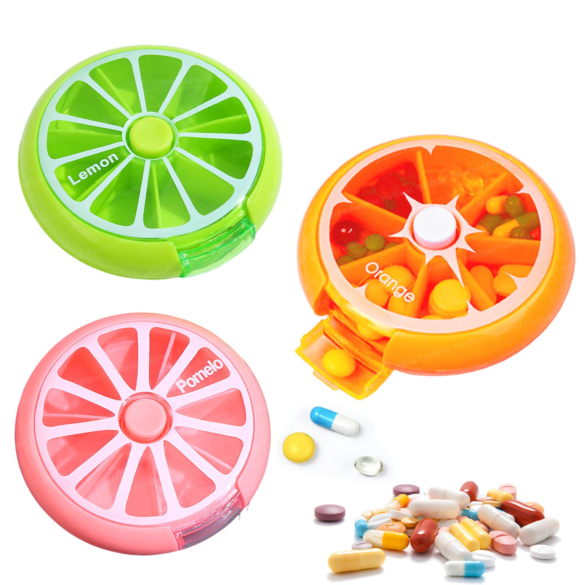 FunBlast Medicine Organizer - Fruit Theme Pill Box With 7 Days Rotating Compartments, Portable Case for Pills & Supplements (Pack of 3)-image-3