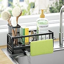 HapiRm Sponge Holder for Kitchen Sink - Self-draining Sink Caddy with Brush and Dishcloth Holders, Stainless Steel Kitchen Organizer for Countertop - Black