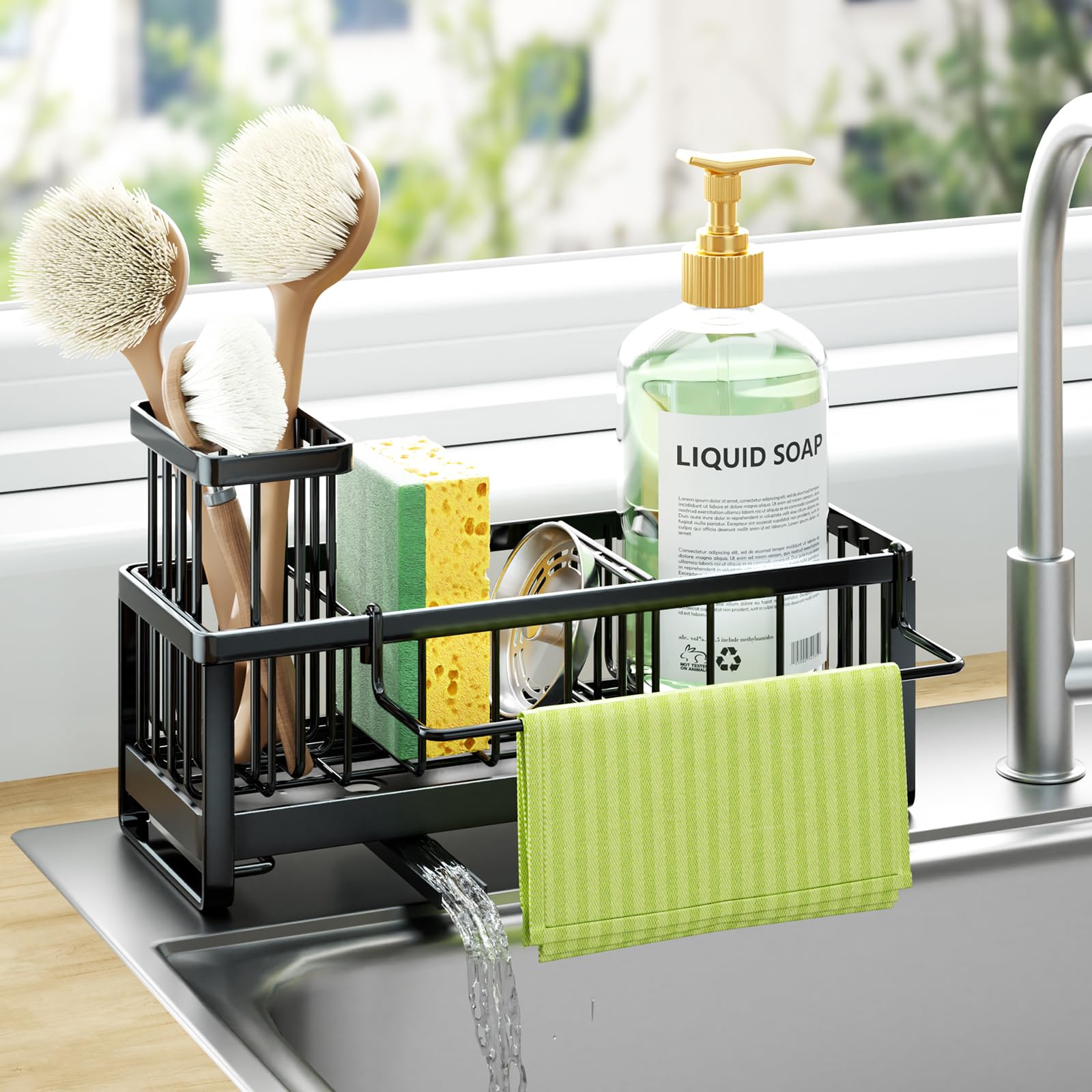 HapiRm Sponge Holder for Kitchen Sink - Self-draining Sink Caddy with Brush and Dishcloth Holders Stainless Steel Kitchen