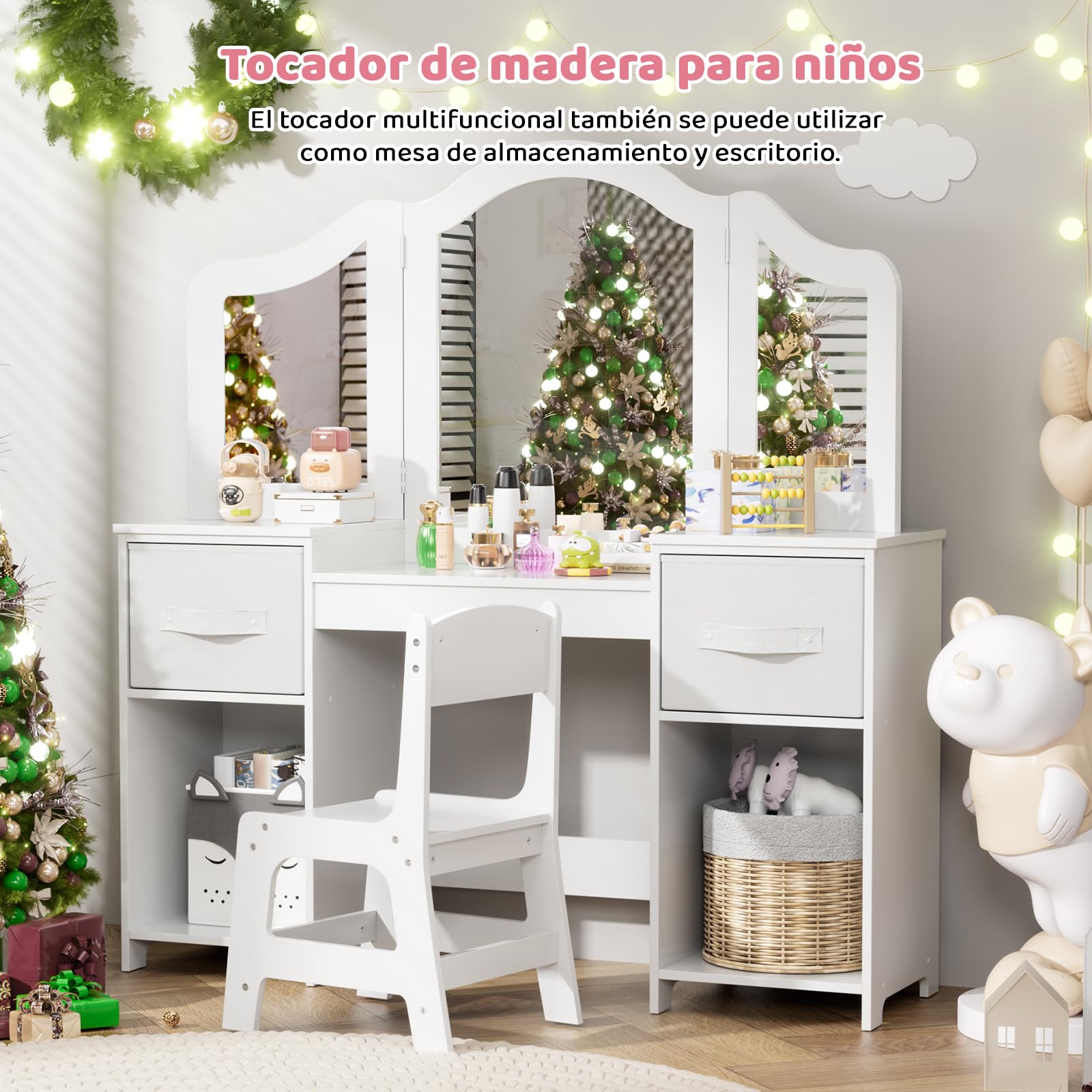 MAMIZO Tocador Infantil 2 en 1 con Espejo Extraíble, Tocador Madera Niña, Escritorio para Niños con Taburete, 2PCS Cajón de Tela, Tocadores Maquillaje Infantil 108x30x114 cm, Blanco