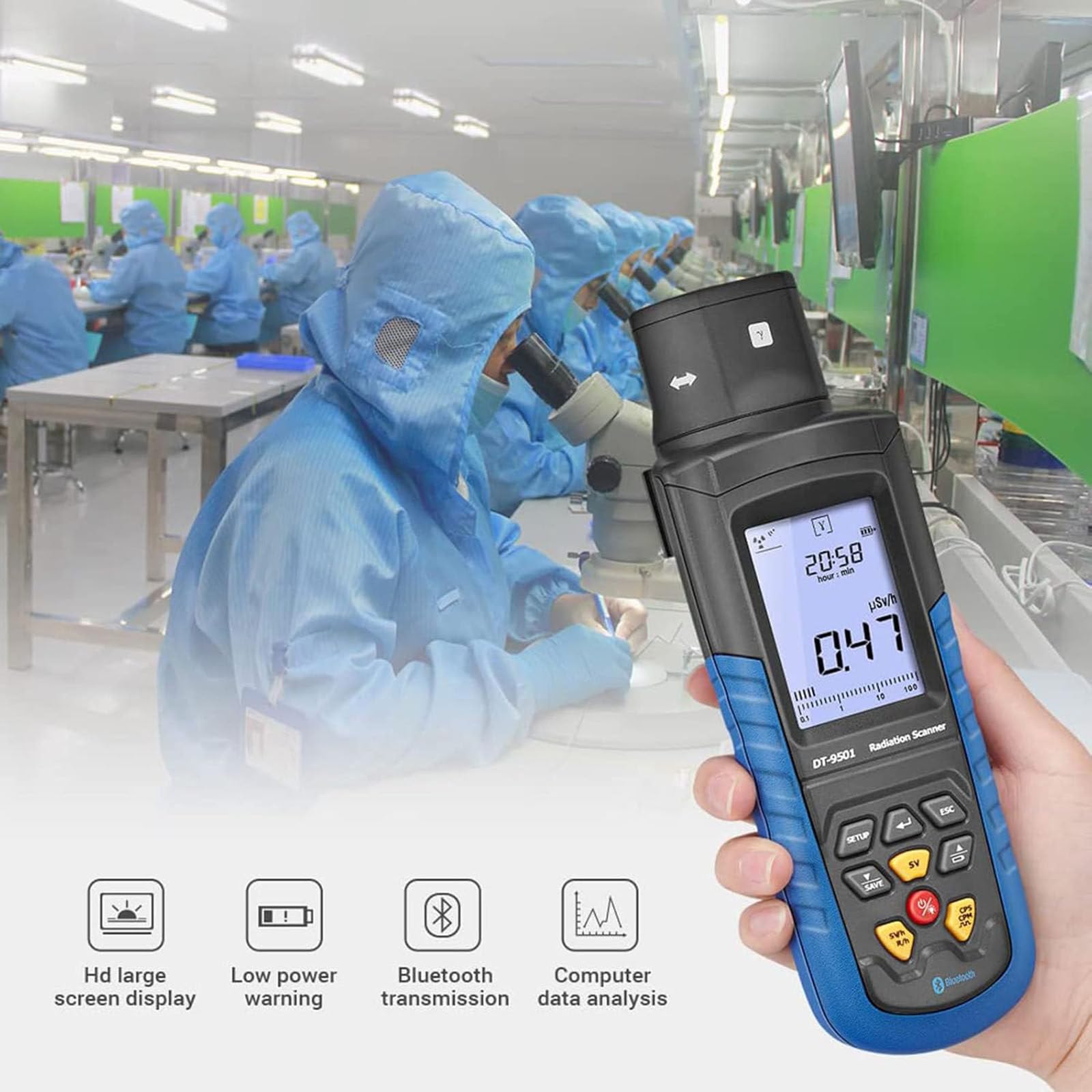 Detektor promieniowania jądrowego, czujnik licznika Geigera o wysokiej precyzji z rejestratorem danych Bluetooth 4 typy promieni α, β, γ i Χ, możliwość przechowywania 1000 danych