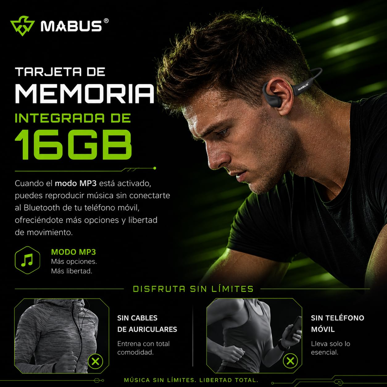 MABUS Cuffie guida ossea sportive IP68 – Bluetooth 5.4, 16 GB memoria interna, subacquee per nuoto, corsa e ciclismo, design Open-Ear, 8,5 ore con ricarica rapida