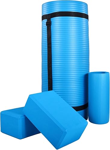 BalanceFrom Esterilla de yoga multiusos de 1 pulgada extra gruesa de alta densidad antidesgarro con correa de transporte, bloques de yoga opcionales