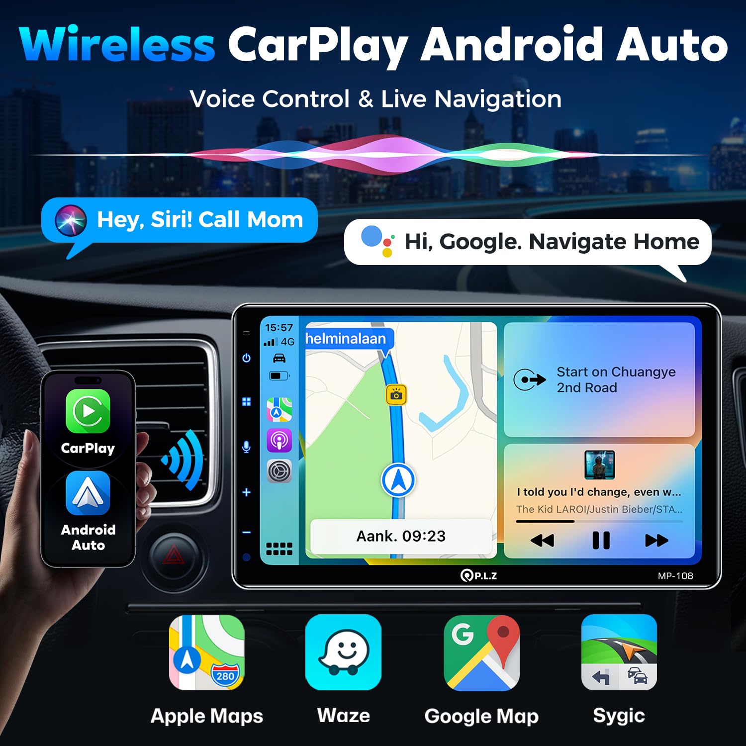 PLZ 108 Single/Double Din Car Radio Stereo, Wireless Apple Carplay, Bluetooth Audio Receiver, Android Auto, 4.2 Channel Pre Amplifier 240W, 2 Subwoofer, 10.1" Touch Screen, Backup Camera, FM/AM, SWC