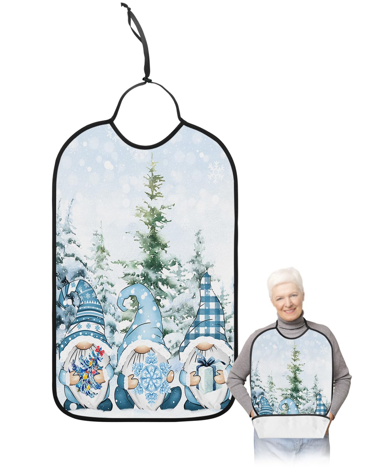 Christmas Adult Bibs for Eating, Waterproof Bibs with Food Catcher & Adjustable Snap Closure, Blue Gnomes Xmas Tree Winter Snowflake Farmhouse Clothing Protectors Adult Bibs for Elderly Women/Men