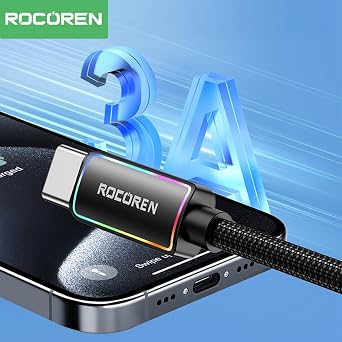 Rocoren Type-C to USB-A RGB Aydınlatmalı 3A Hızlı Şarj ve Data Kablosu 1 Metre