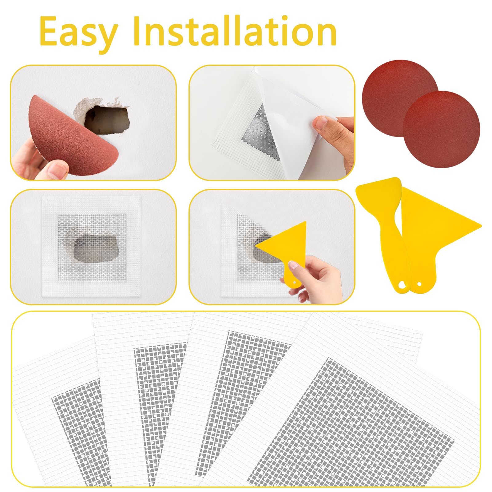 Lot de 16 patchs autocollants de réparation murale en aluminium 5/10/15 cm - Kit de réparation de cloisons sèches