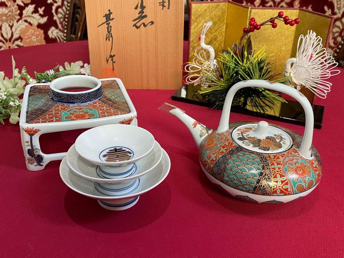 深川製磁白金波鶴紋 屠蘇器揃（銚子盃3個面長皿） 深川製磁白金波鶴紋