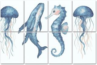 8 Panels Art Acoustic Panels Set sea animals Blue watercolor ocean fish whale seahorse Soundproof Wall Panels Padding Decorative Sound Absorbing Panels 48"x32" for Recording Studios Home