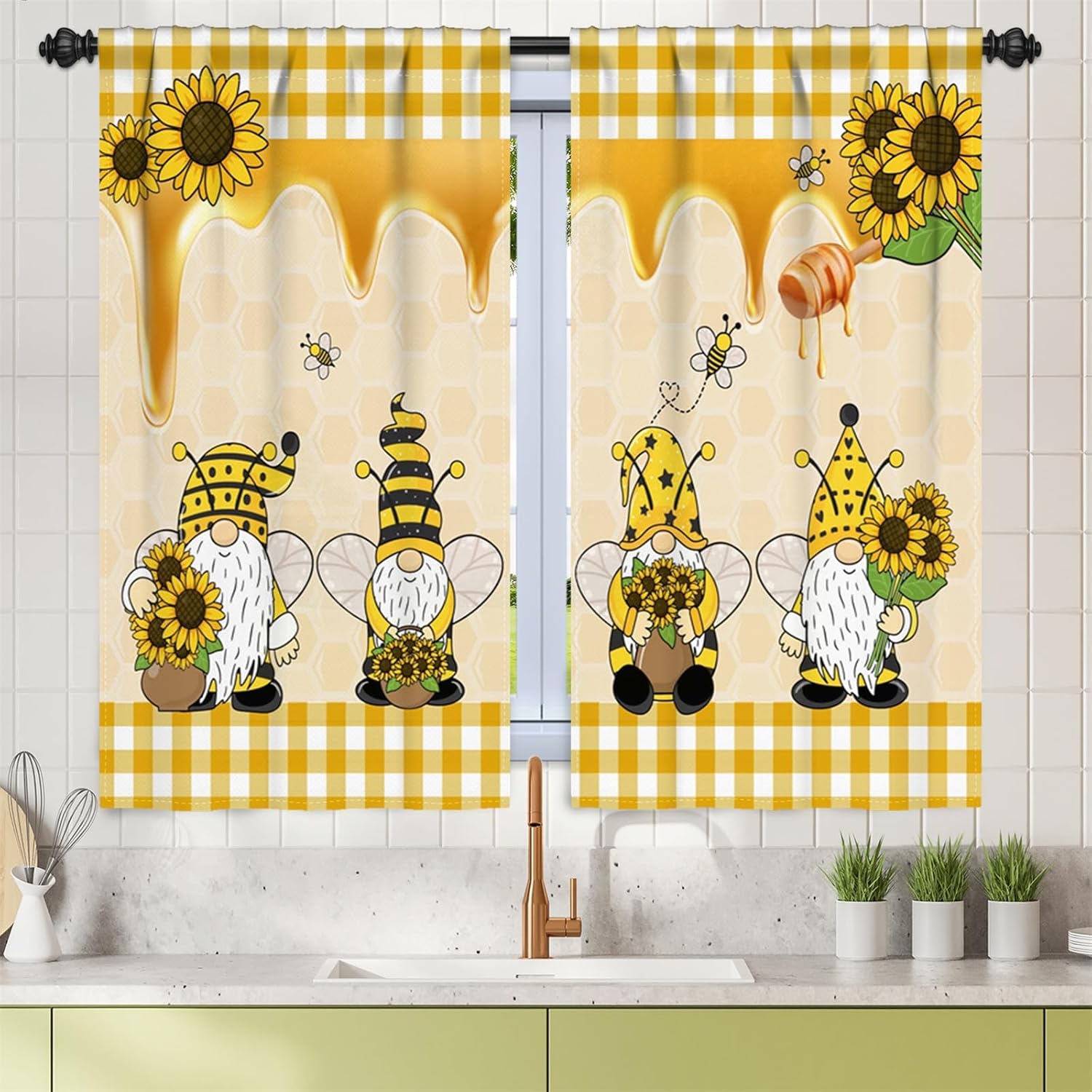 Renaiss 26 x 45 Inch Sunflower Kitchen Curtains Dwarf Yellow White Buffalo Plaid Floral Dining Room Short Curtain Drapes Rod Pocker Honey Bee Summer Flower Holiday Cafe Curtain for Home Decor 2 Panels