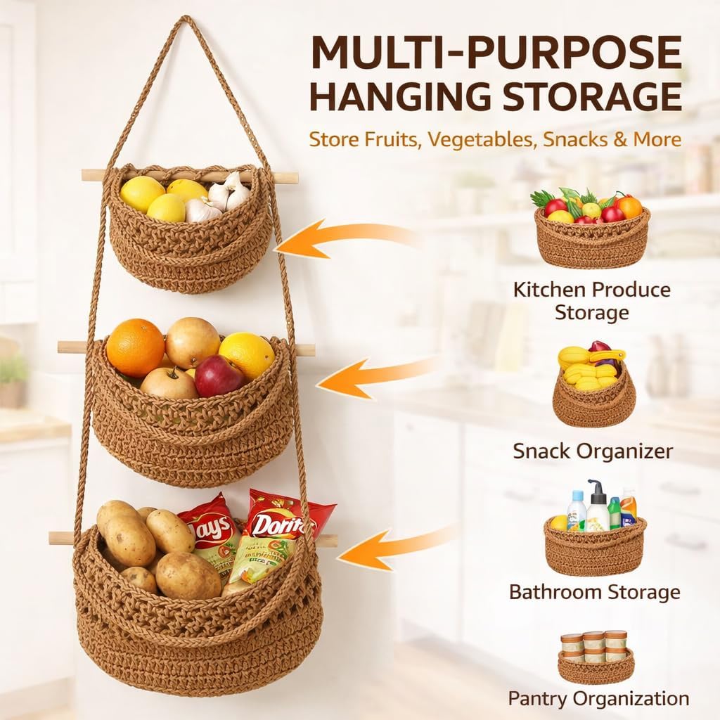 3 Tier Hanging Fruit Basket for Kitchen, Wall Mounted Cotton Rope Produce Storage Organizer, Boho Farmhouse Decor, Space Saver for Small Kitchens, Pantry, Bathroom, RV, Plant & Vegetable Storage