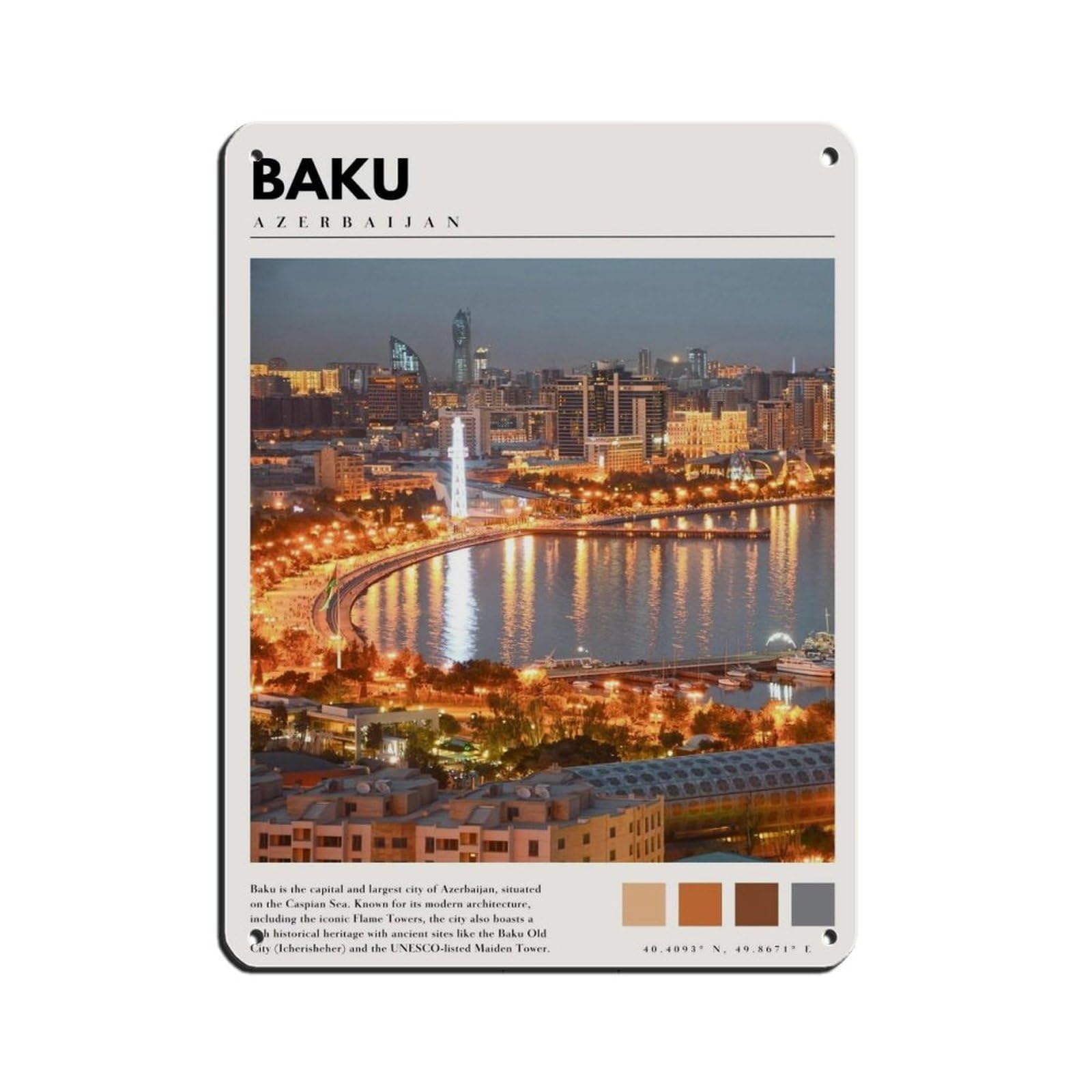 Baku Azerbaijan Art Baku Poster Tin Sign Vintage Metal Pub Club Cafe Bar Home Wall Art Decoration Poster Retro 12x16inch(30x40cm)