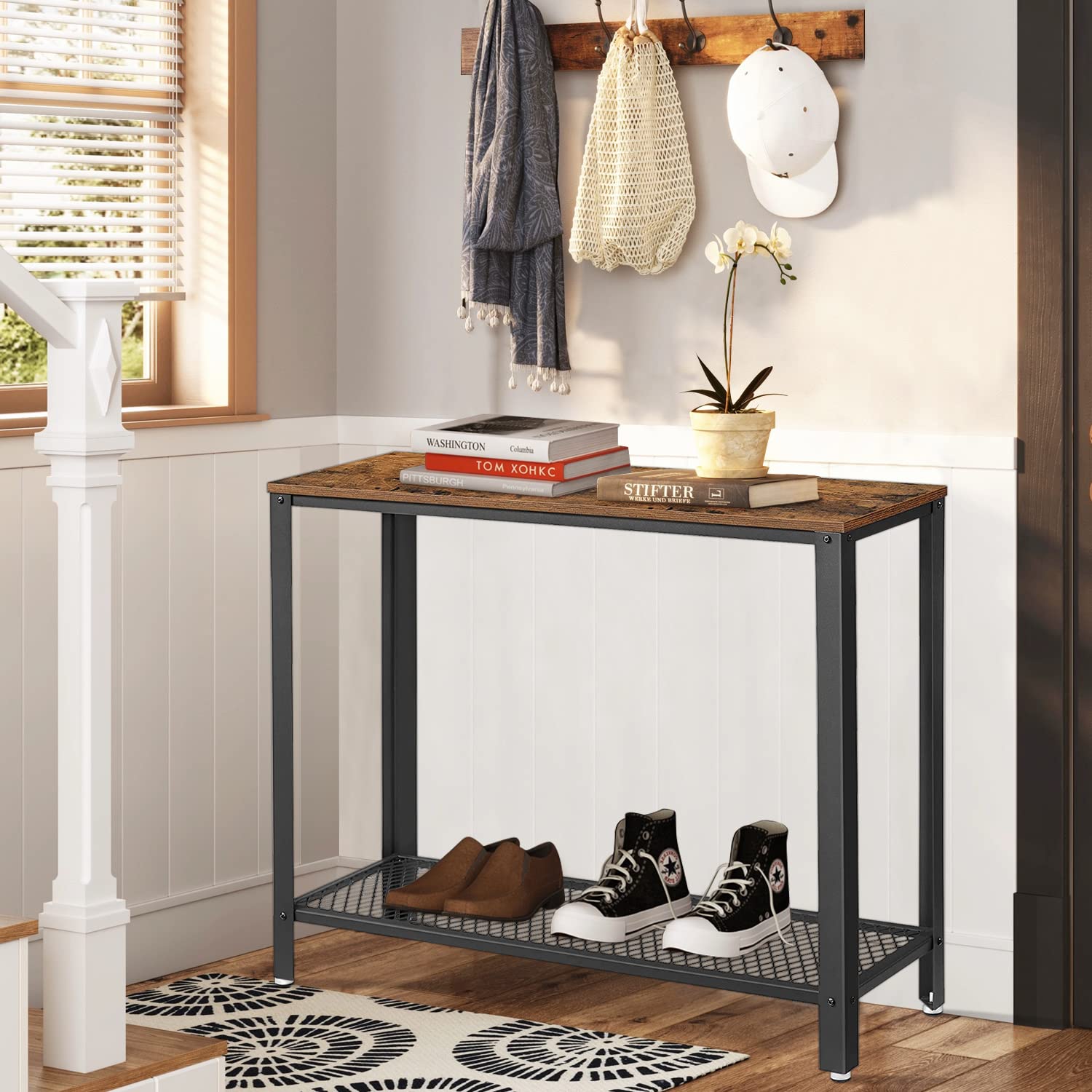 Tavolo Consolle,Tavolo da ingresso,Consolle Salvaspazio e Multiuso per Soggiorno, Ingresso e Corridoio Rovere Fumo 200x30x75cm Legno Multistrato Ferro CNWI353564 BonneVie