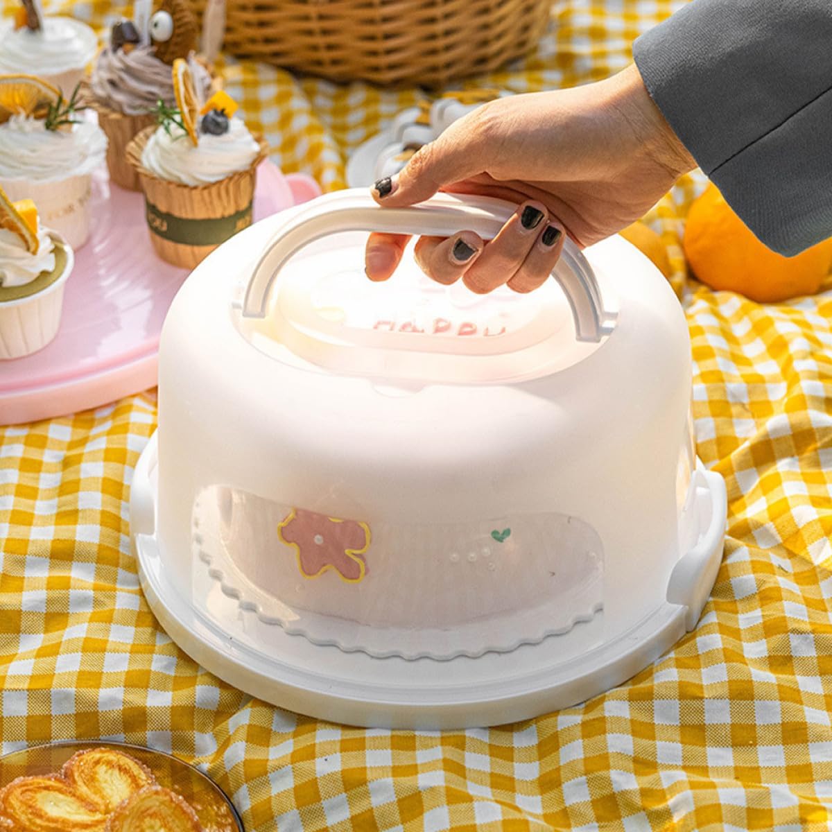 Reusable 10-inch round Cake Carrier with Handle and Lid, Portable Handheld Cake Storage Box for Birthday and Dessert Transport, White Food Container