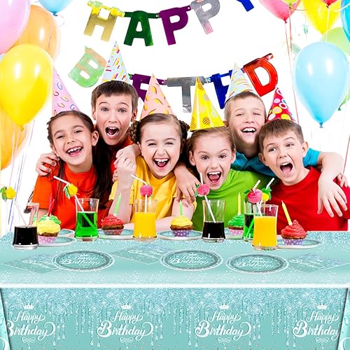 Miniatura 7 de Juego de vajilla verde azulado y plateado, 20 platos y 20 servilletas y manteles de 71 x 42 pulgadas para niñas y mujeres, suministros de fiesta de