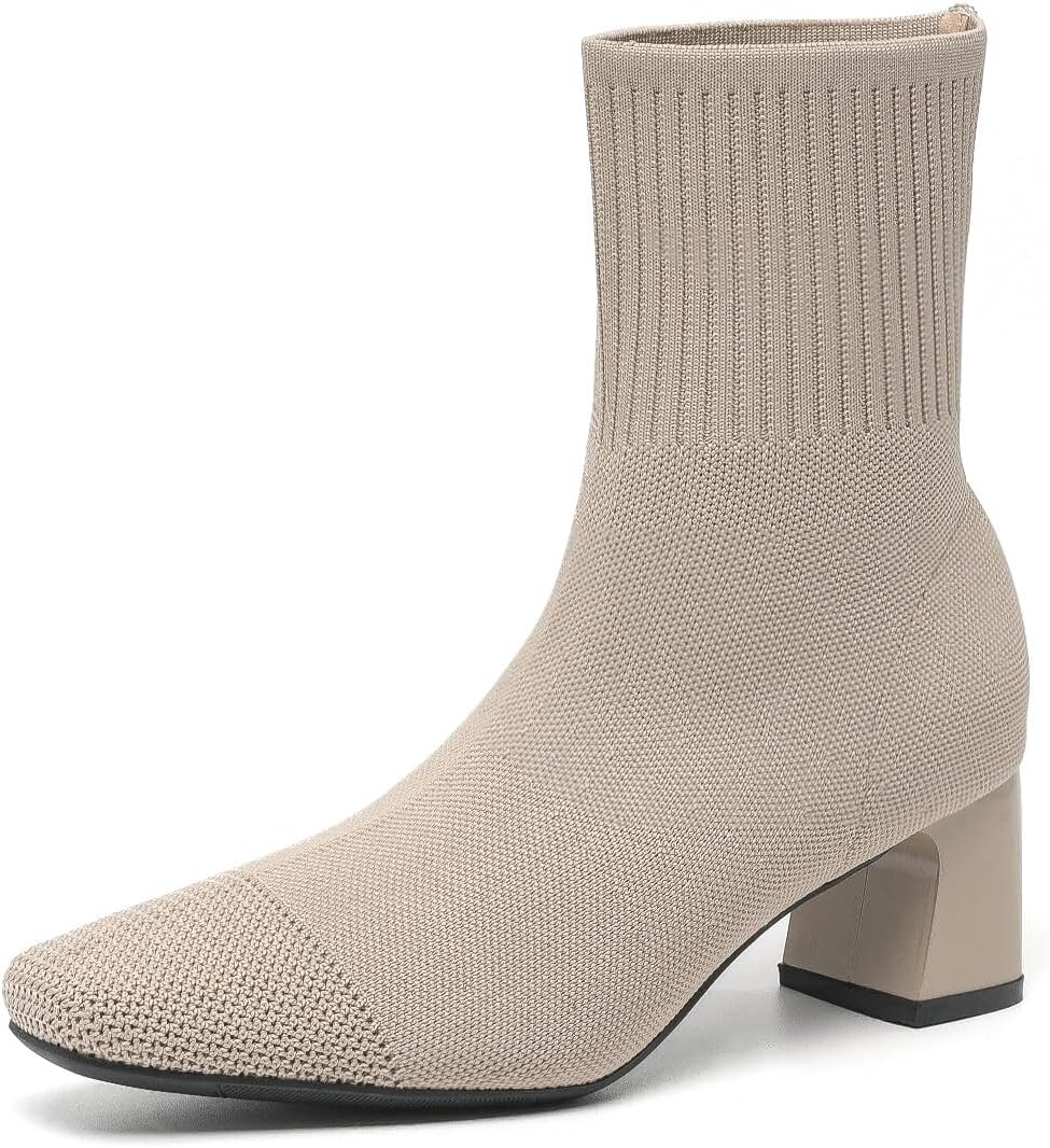 AHZEHRSE Ankle Boots for Women Dressy Comfy Knit Sock Booties Square Toe Chunky Heel Slip on Elastic Fall Booties