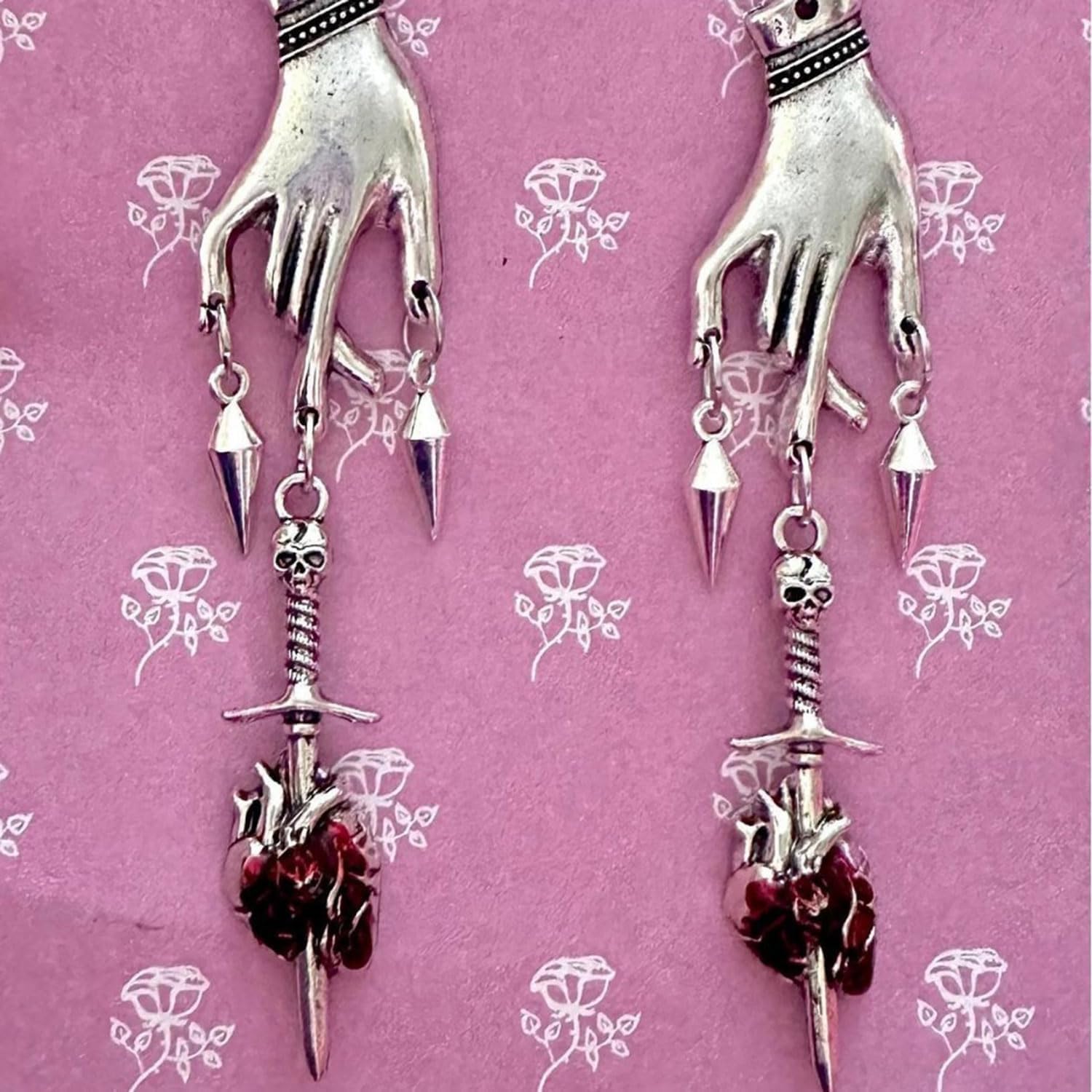 Gothic Silver Heart Earrings for Women Handmade Crystal Anatomical Heart Dangle Drop Earrings Silver Hand Sword Statement Earrings Halloween Trendy Jewelry Gift for Women - Image 7