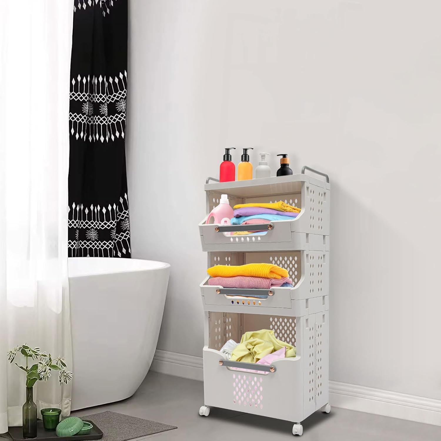 3-Layer Laundry Basket, Foldable Washing Storage Clothes Hamper w/Wheels, Folding Rolling Laundry Cart for Home, Laundry Room, Bathroom, Bedroom, Living Room, Hotel, Dorm (3-Tier, White+Grey)