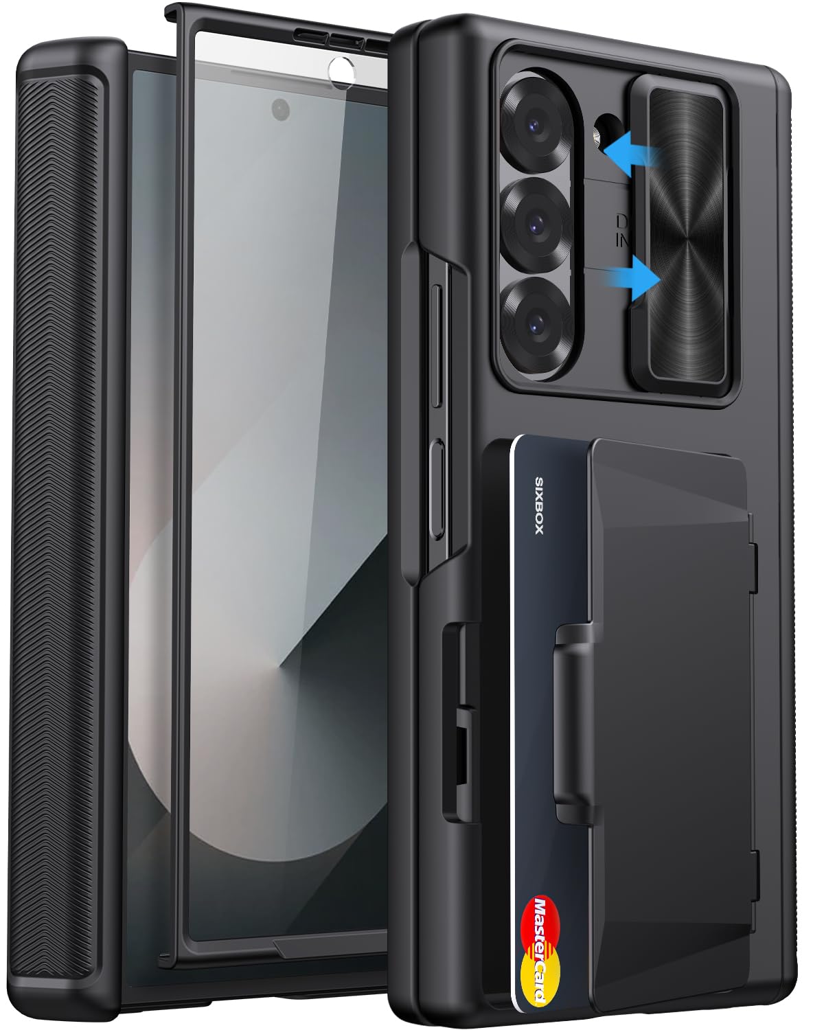for Samsung Galaxy Z Fold 6 Case with Card Holder & Slide Camera Cover, Built-in Screen Protector & Hinge Protection, Shockproof Durable Wallet Phone Cover Case for Galaxy Z Fold 6 2024, Black