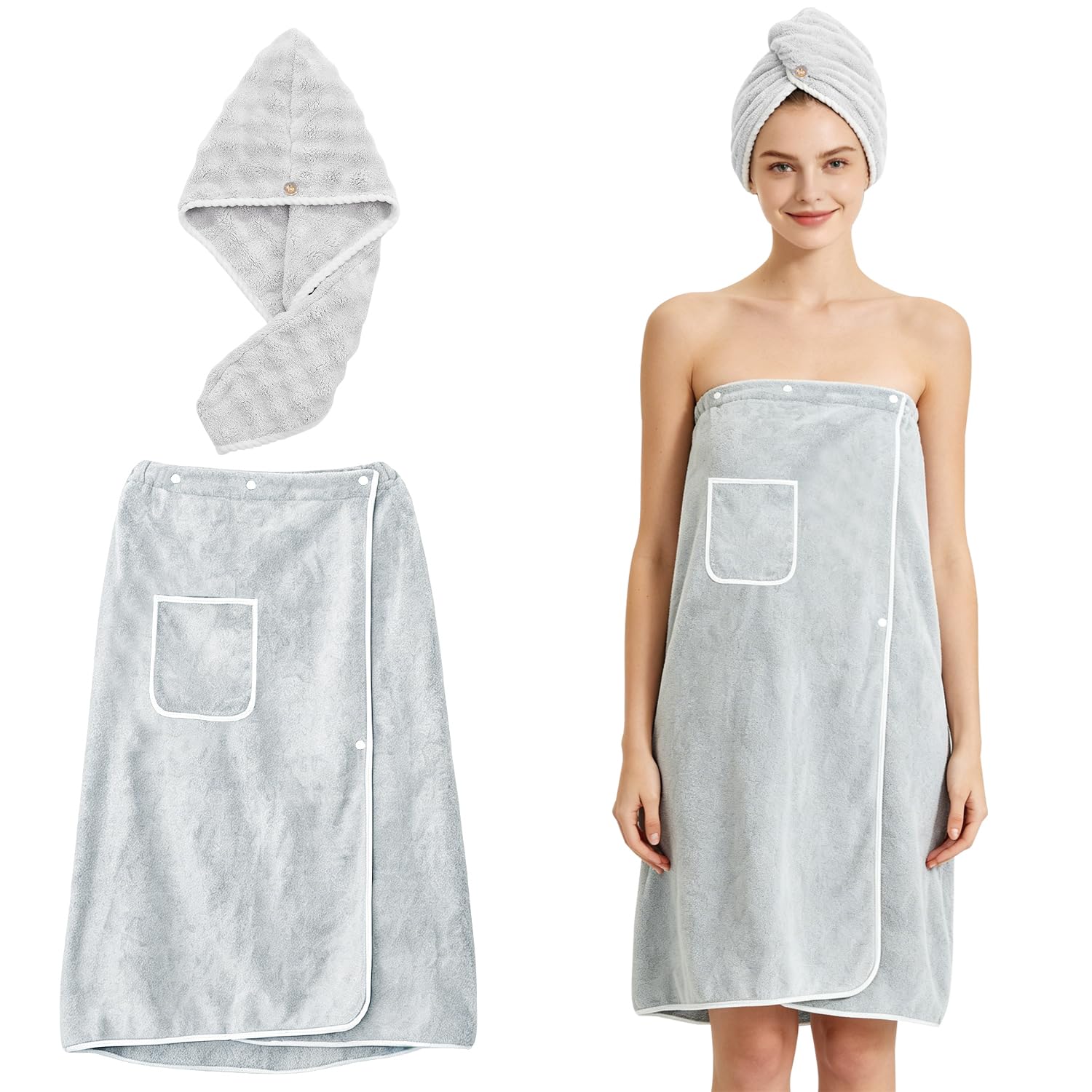 80x150 cm Kilt da Sauna Donna, Asciugamano da Sauna con Chiusura Regolabile a Bottoni e Tasche, Asciugamano per Capelli Accappatoio da Sauna da Donna per Doccia, Spiaggia, Piscina, Spa