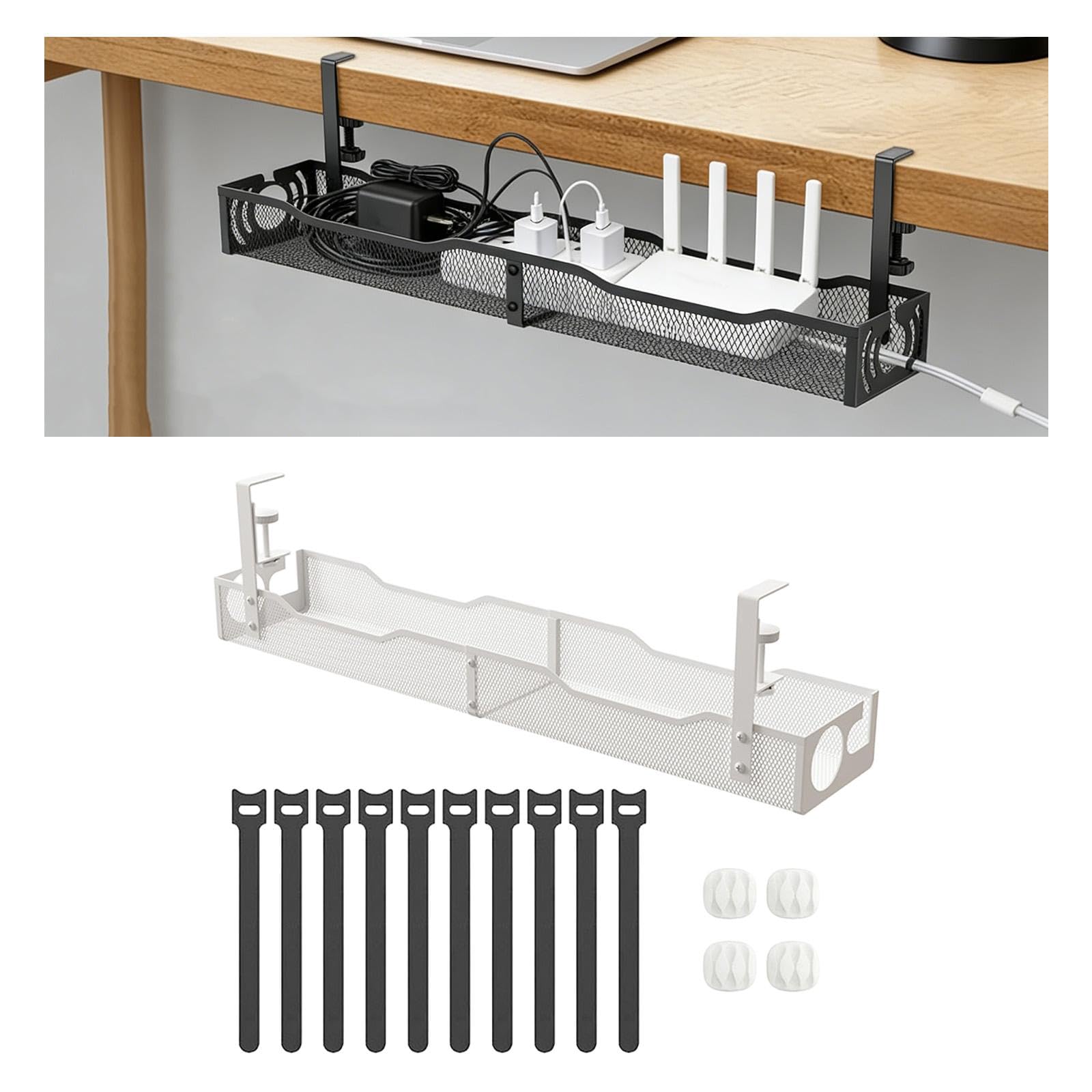 MagiDeal Goulotte de gestion des câbles sous bureau, organiseur de câbles sans endommager le bureau, goulotte à 2 trous pour bureaux assis-debout, hub USB, Blanc