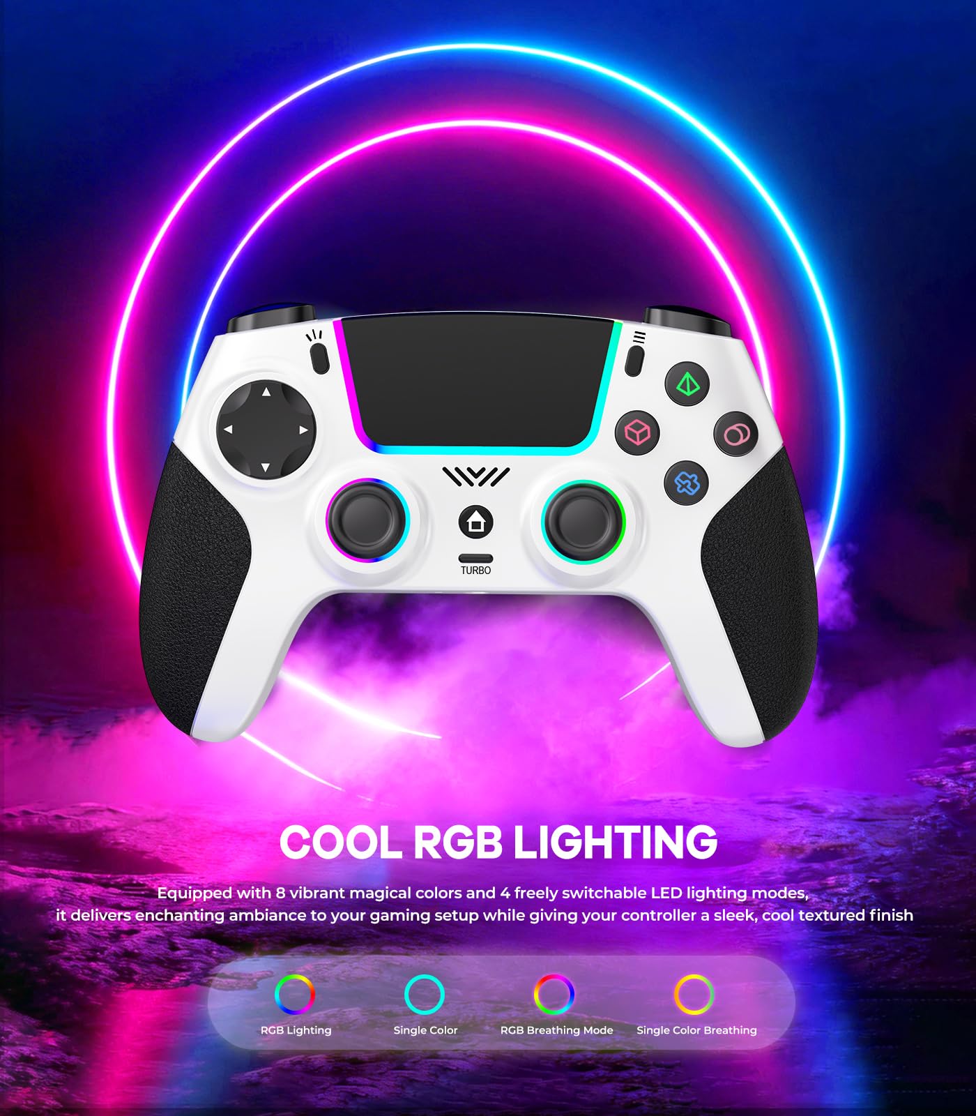 SFGSUP Wireless Controller for PS5/PC/MAC/iOS/Android/Steam Deck, With Hall Effect Joystick&Trigger/8 RGB Lighting/Turbo/Dual Vibration/Programmable/Headset Jack/Touchpad/1500 mAh Battery, White&Black - 3
